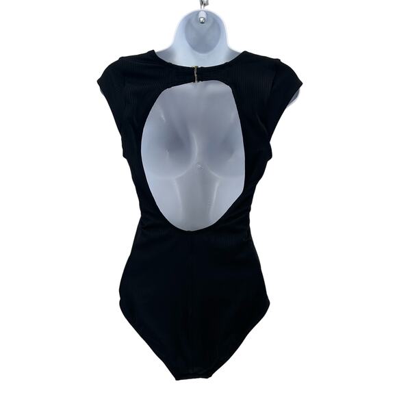 Kona Sol Black Swim Cap Sleeve One Piece S Ribbed V-neck Keyhole Back Beach - Picture 3 of 9